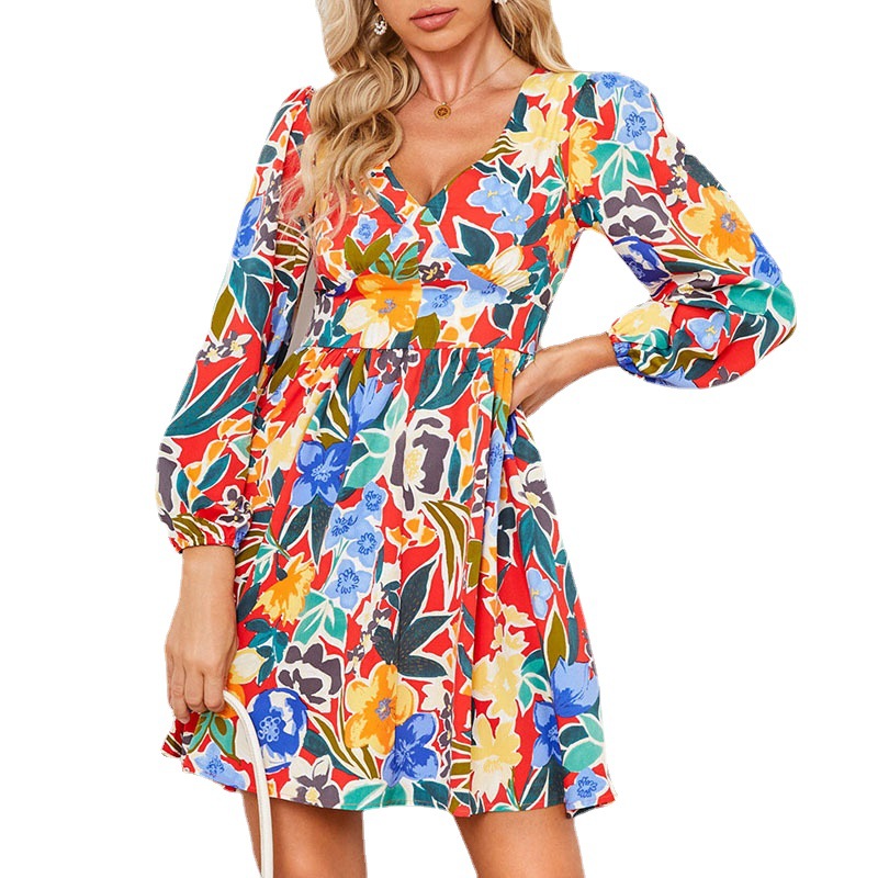 Abstract Print V-Neck Long Sleeve Slim Fit Short Dress