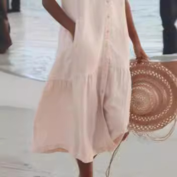 Solid Cotton V-Neck Sleeveless Maxi Dress with Loose Waist