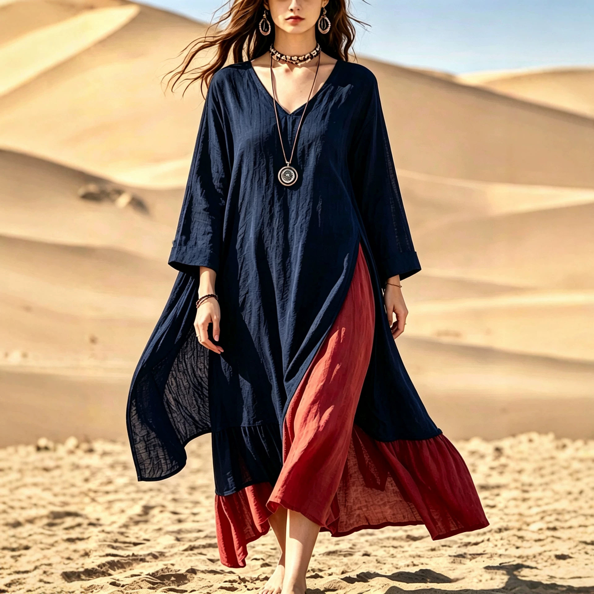 Bohemian Colorblock Patchwork Long Dress V-Neck Slit Beach Maxi