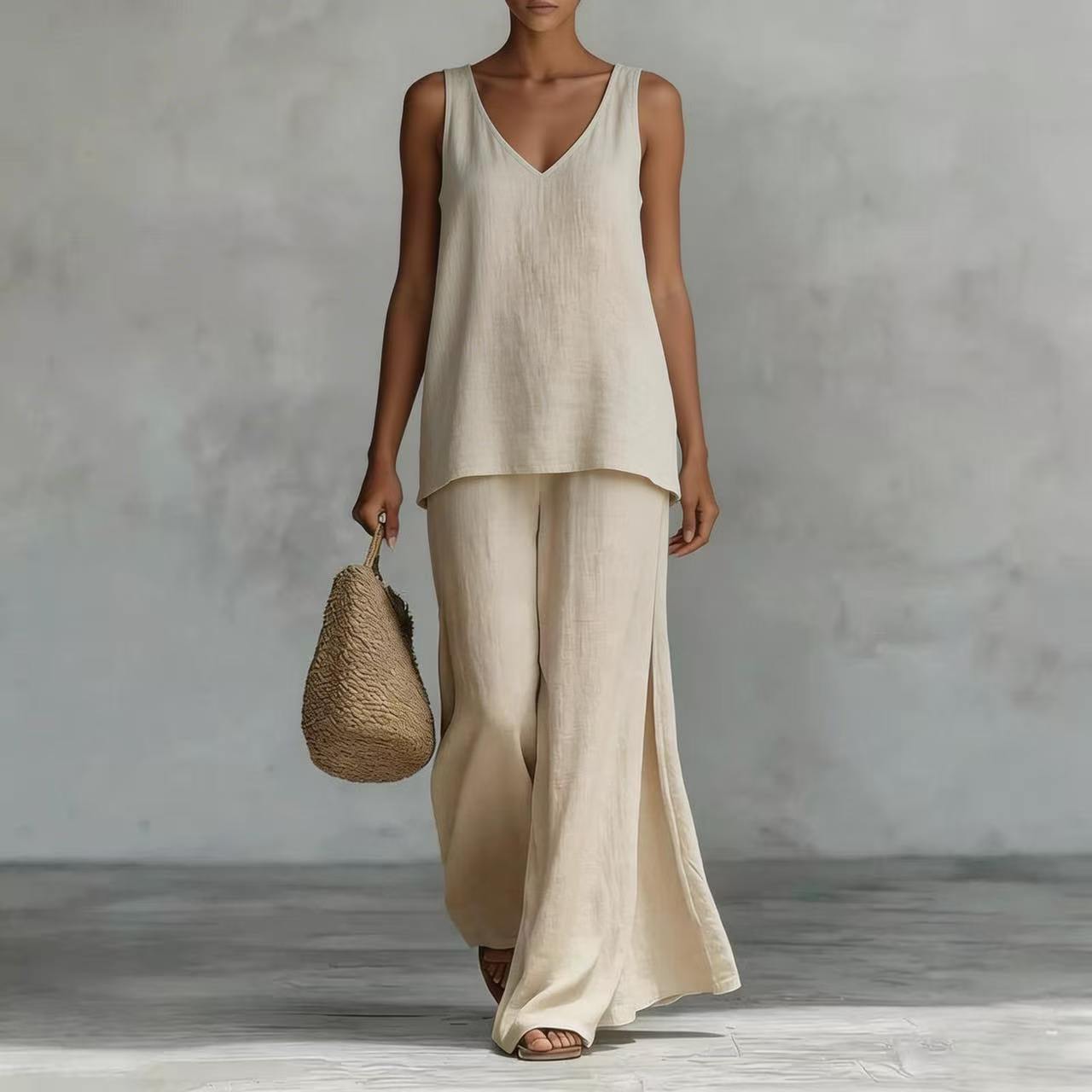 Women's Sleeveless V-Neck Top and Wide-Leg Pants Set Solid Color