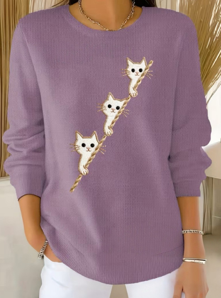 Women's Cat Ladder Print Crewneck Sweatshirt
