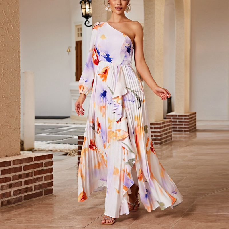 Women's Floral Print Off-Shoulder Long Dress with Irregular Slit and Pleated Details