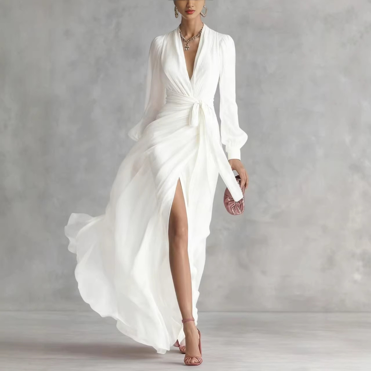 French-Style V-Neck Long-Sleeve Organdy Dress with Tie