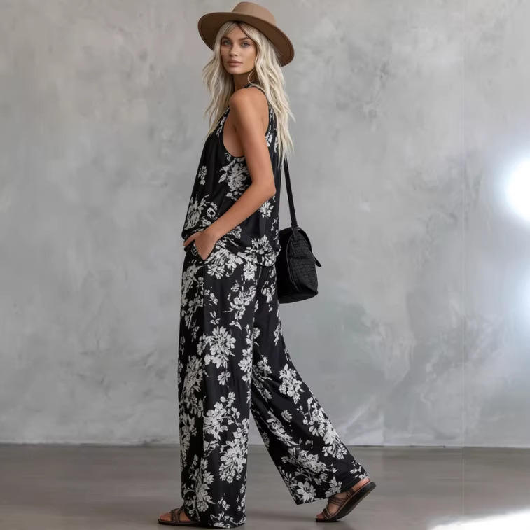 Floral Print Sleeveless Top and Pants Chiffon Set