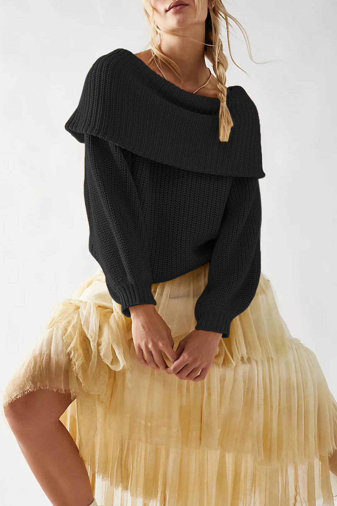 Women's Off-Shoulder Knit Sweater Loose Fit Long Sleeve Pullover
