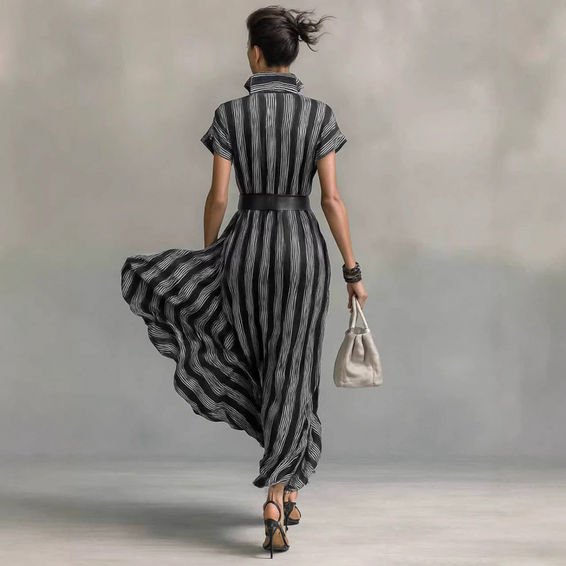 Elegant Short Sleeve Button Shirt Collar Striped Dress