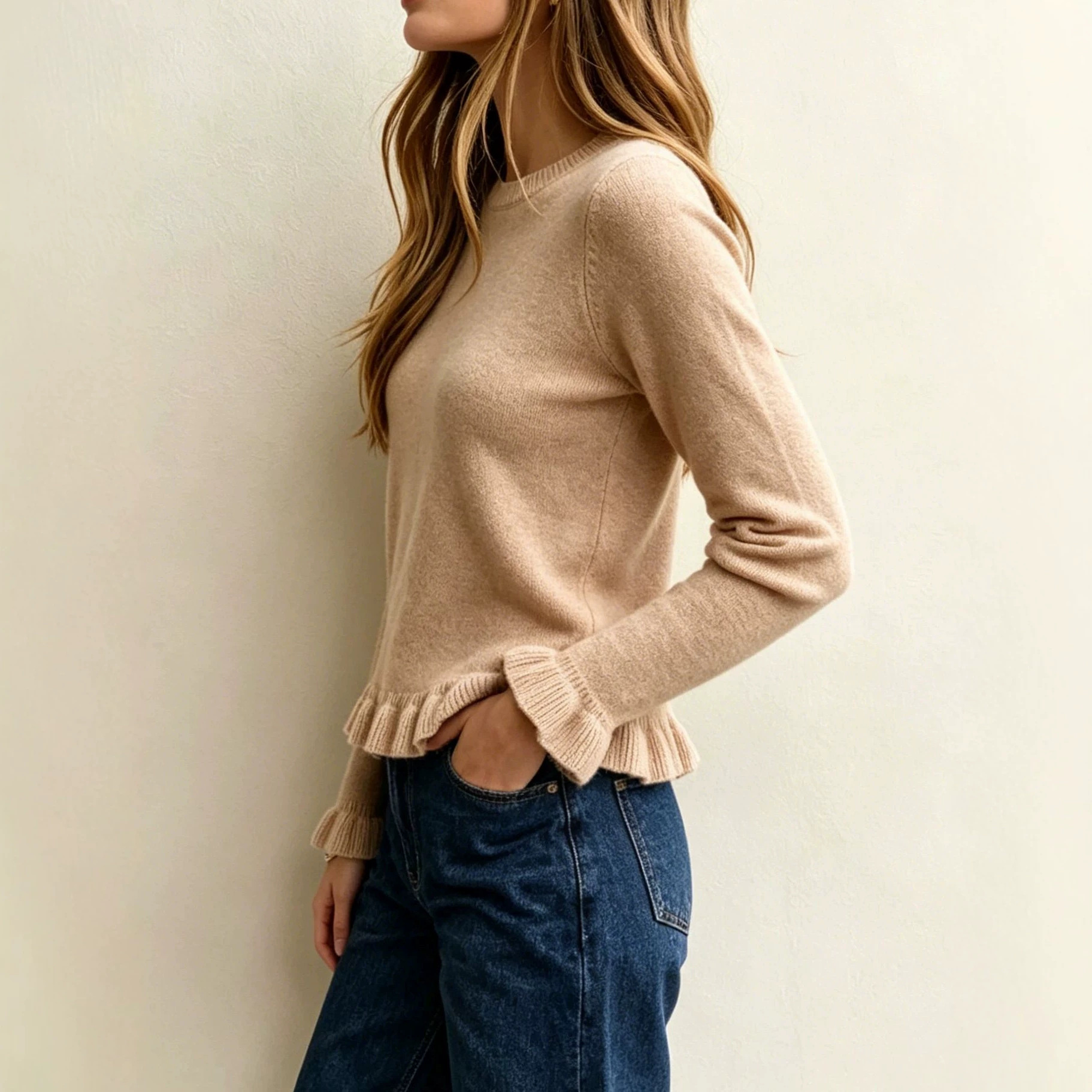 Women's Solid Crewneck Long Sleeve Pullover Knit Sweater with Ruffle Trim