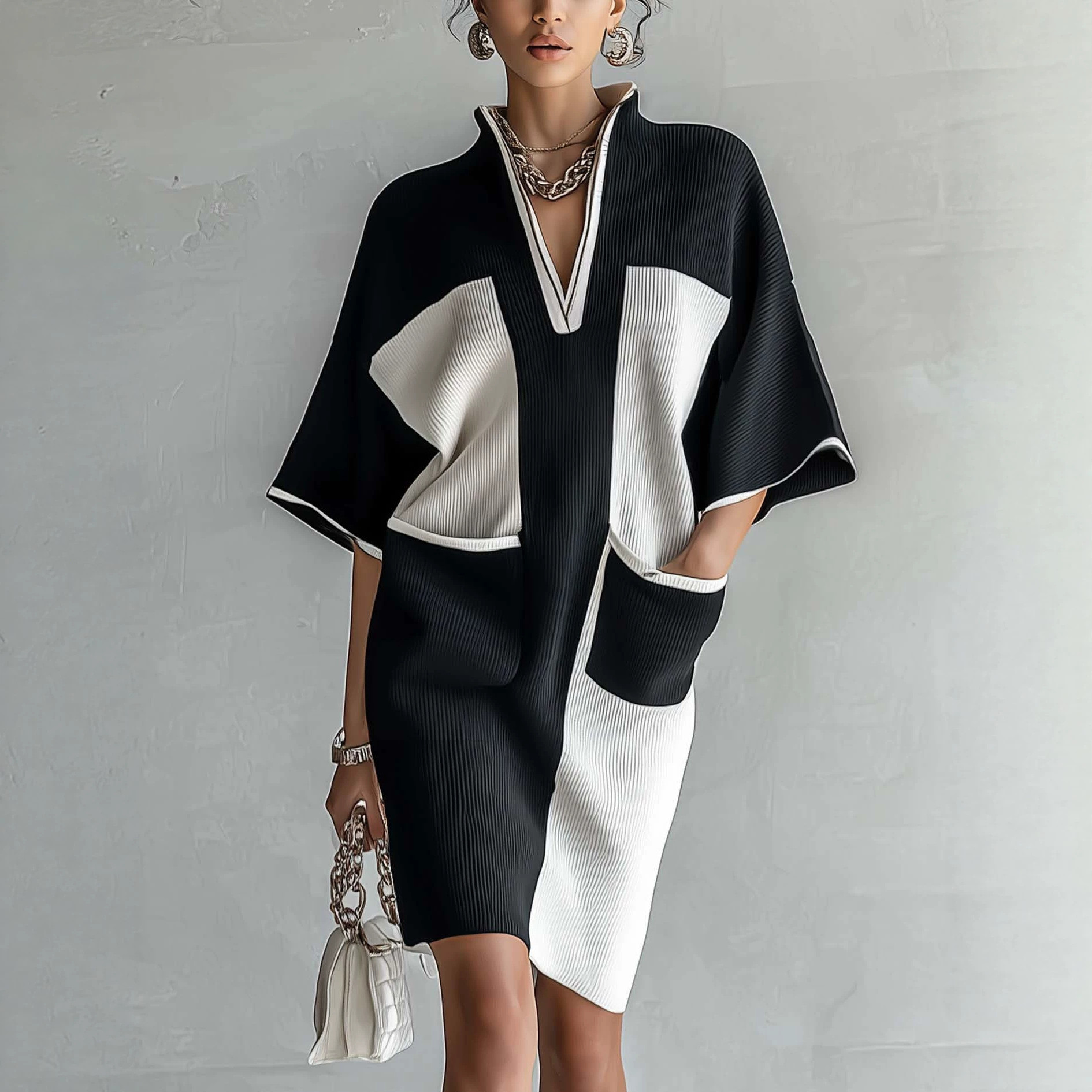 Color-Block Ribbed Knit Bodycon Dress with Stand Collar and V-Neck