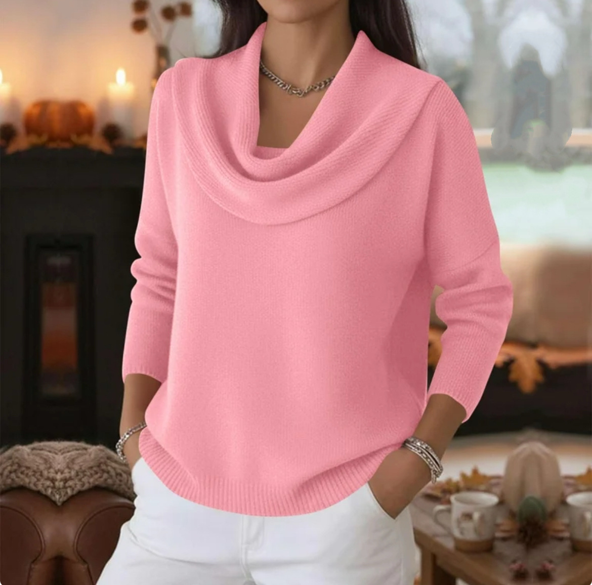 Women's Solid Color Long Sleeve Cowl Neck Knit Pullover Sweater
