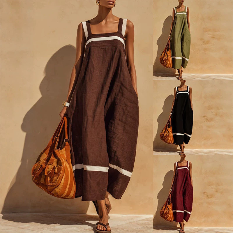Cotton-Linen Blend Square Neck Striped Colorblock Sleeveless Casual Dress