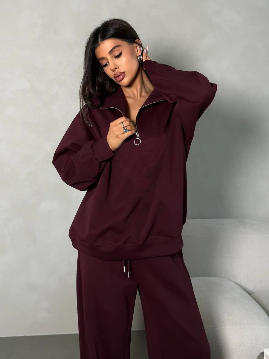 Women's Long Sleeve Stand Collar Zip Tracksuit Casual 2-Piece Set