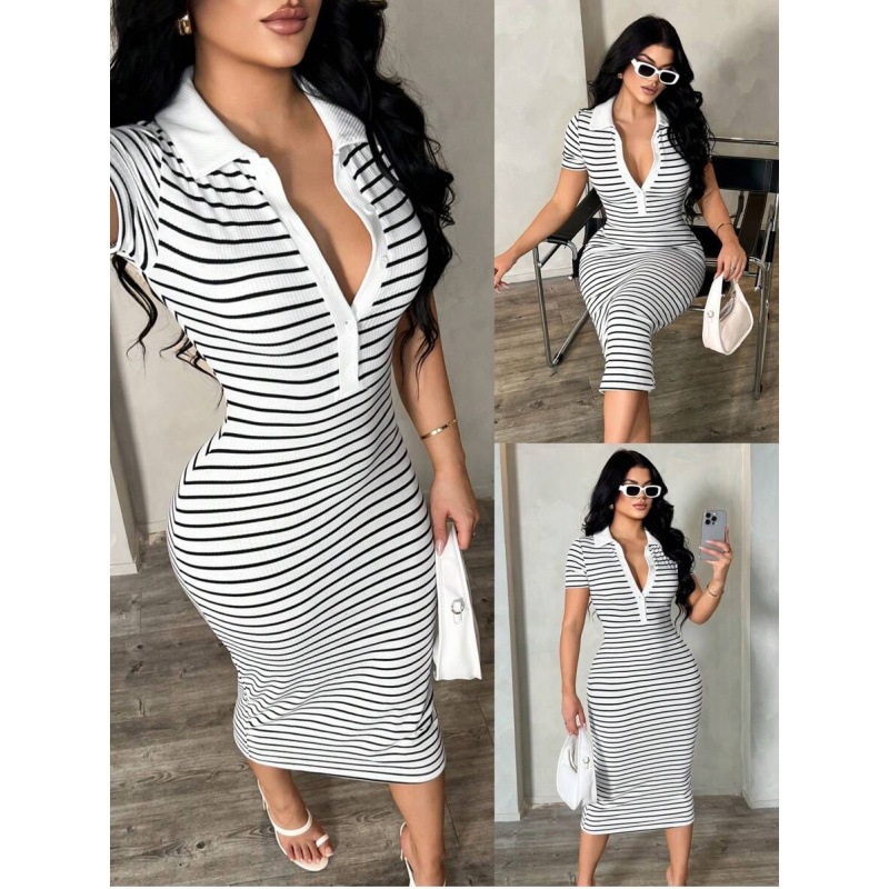Women's Striped V-Neck Long Sleeve Bodycon Midi Dress