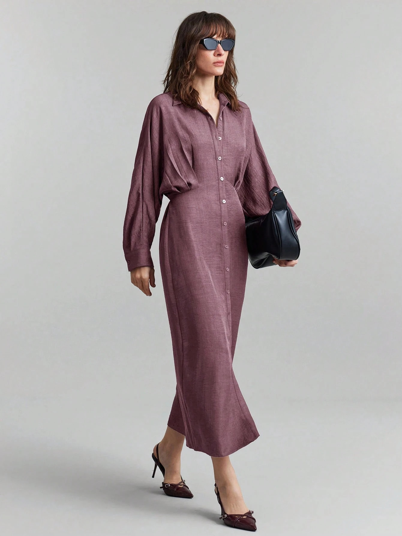 Women's Solid Ruched Waist Slimming Long Sleeve Dress