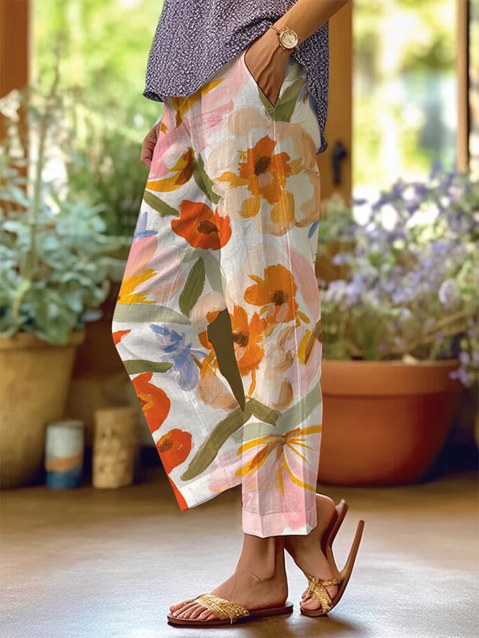 Women's Striped & Floral Print Straight-Leg Casual Pants