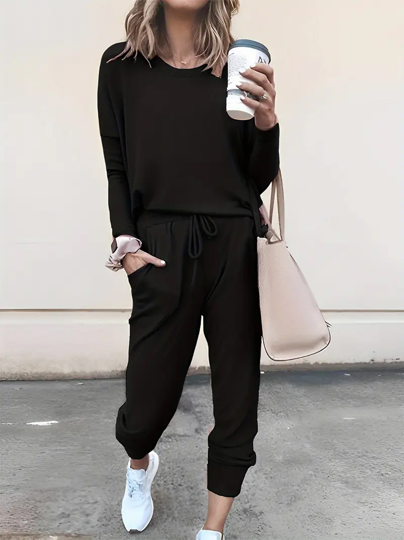 Women's Casual Two-Piece Set with Drawstring Jogger Pants and Long-Sleeve Top, Solid Color