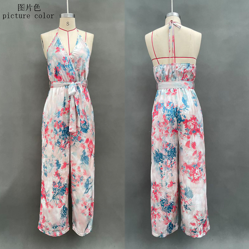 Women's Floral Print Deep V-Neck Backless Sleeveless Jumpsuit