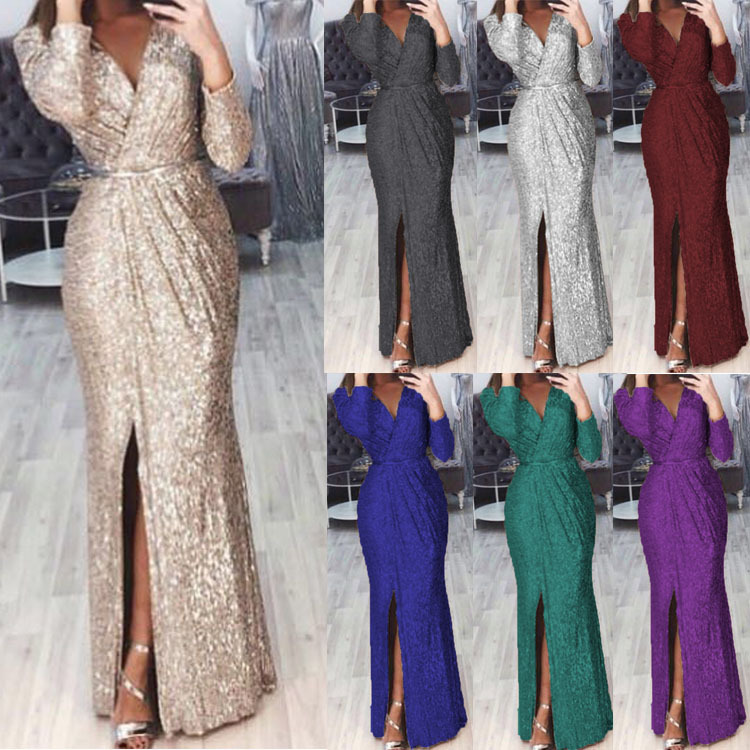 Women's Long Sleeve Deep V-Neck Sequin Evening Dress