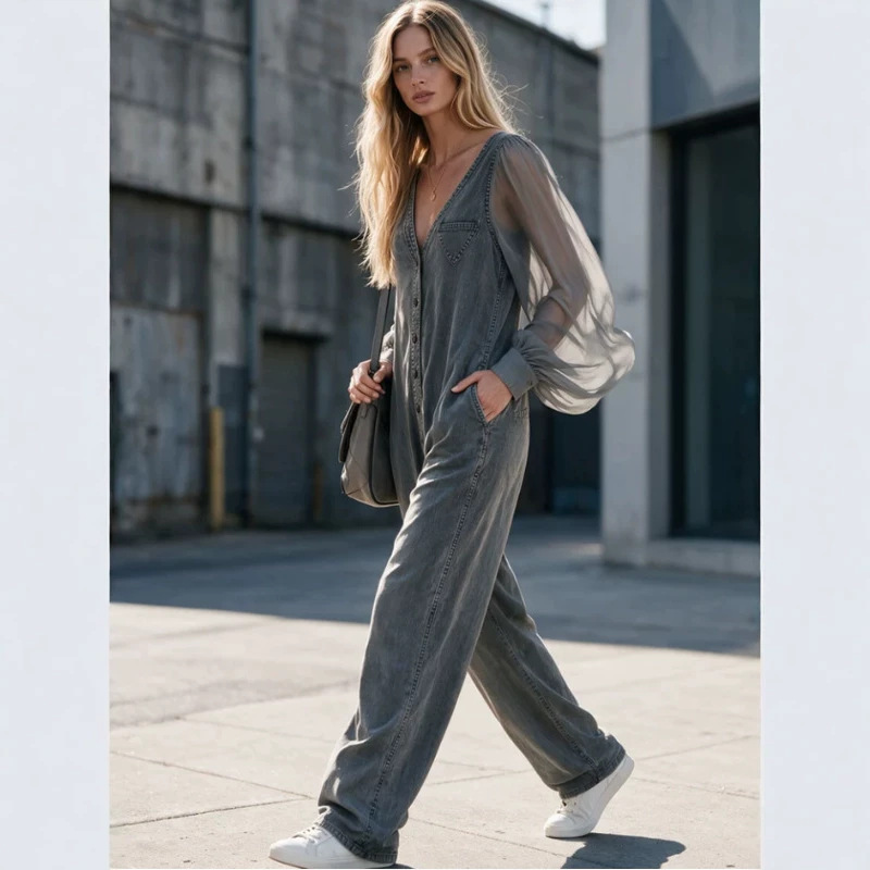 Retro Gray V-Neck Wide-Leg Denim Jumpsuit