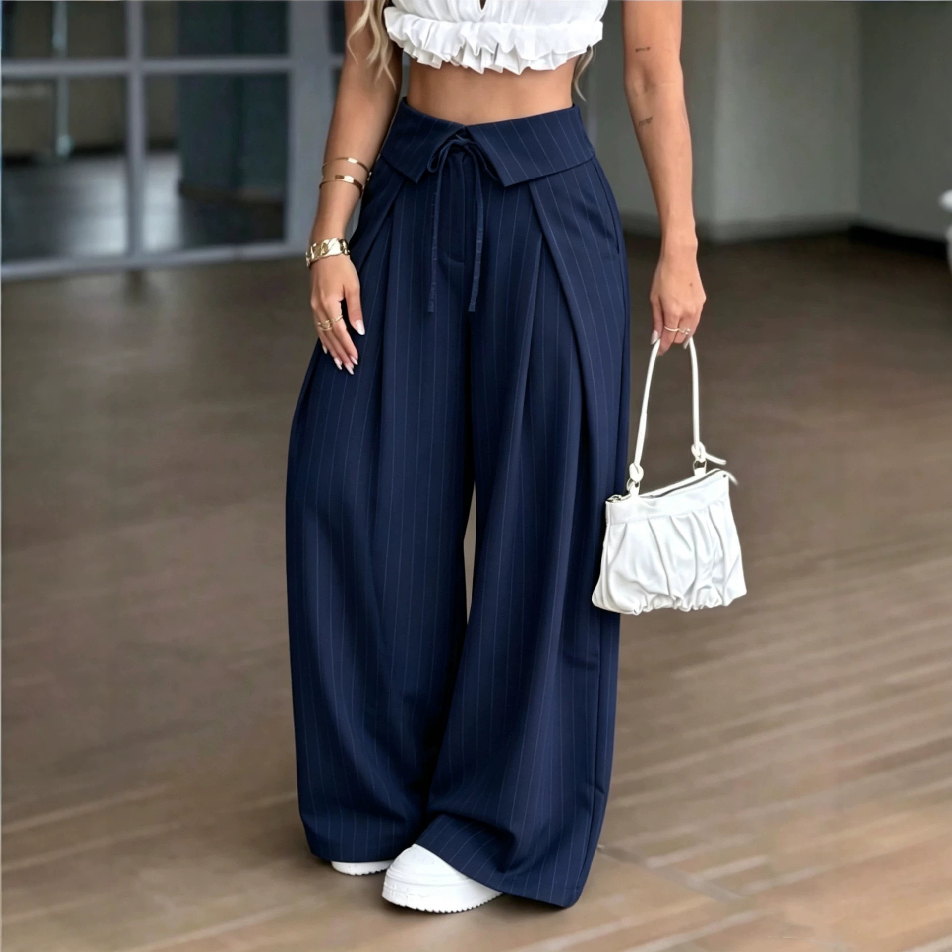 High-Waist Striped Wide-Leg Suit Pants Casual Trousers