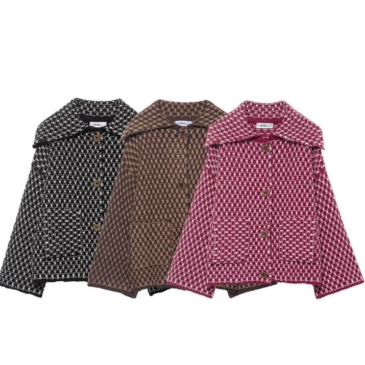 Women's Plaid Knit Cardigan with Lapel Collar