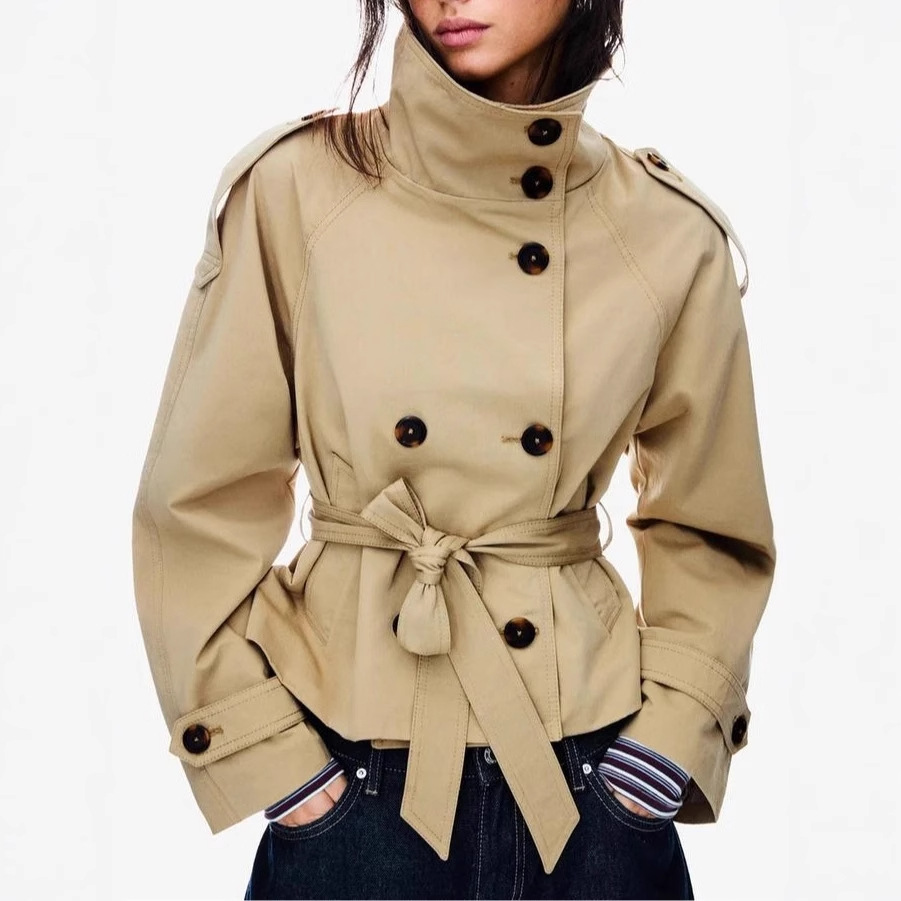 Women's Stand Collar Double-Breasted Belted Trench Coat
