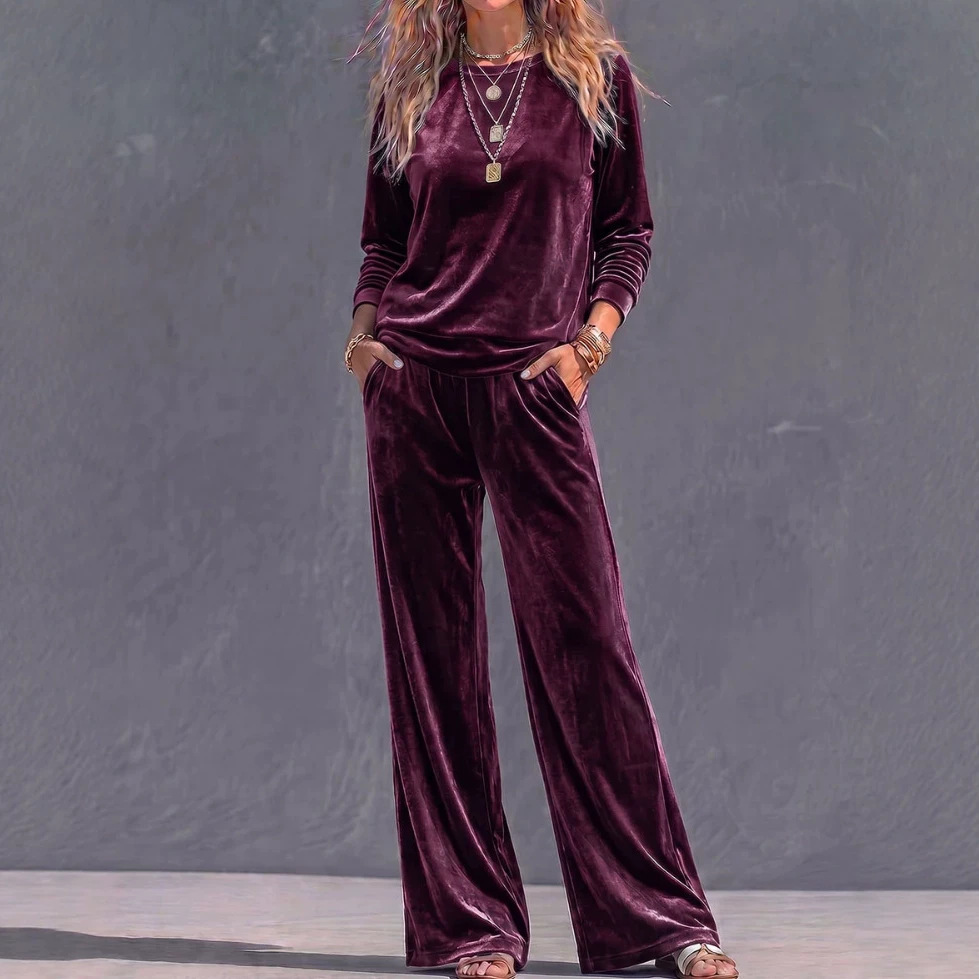 Women's Velvet Crewneck Long Sleeve Top and Pants Set
