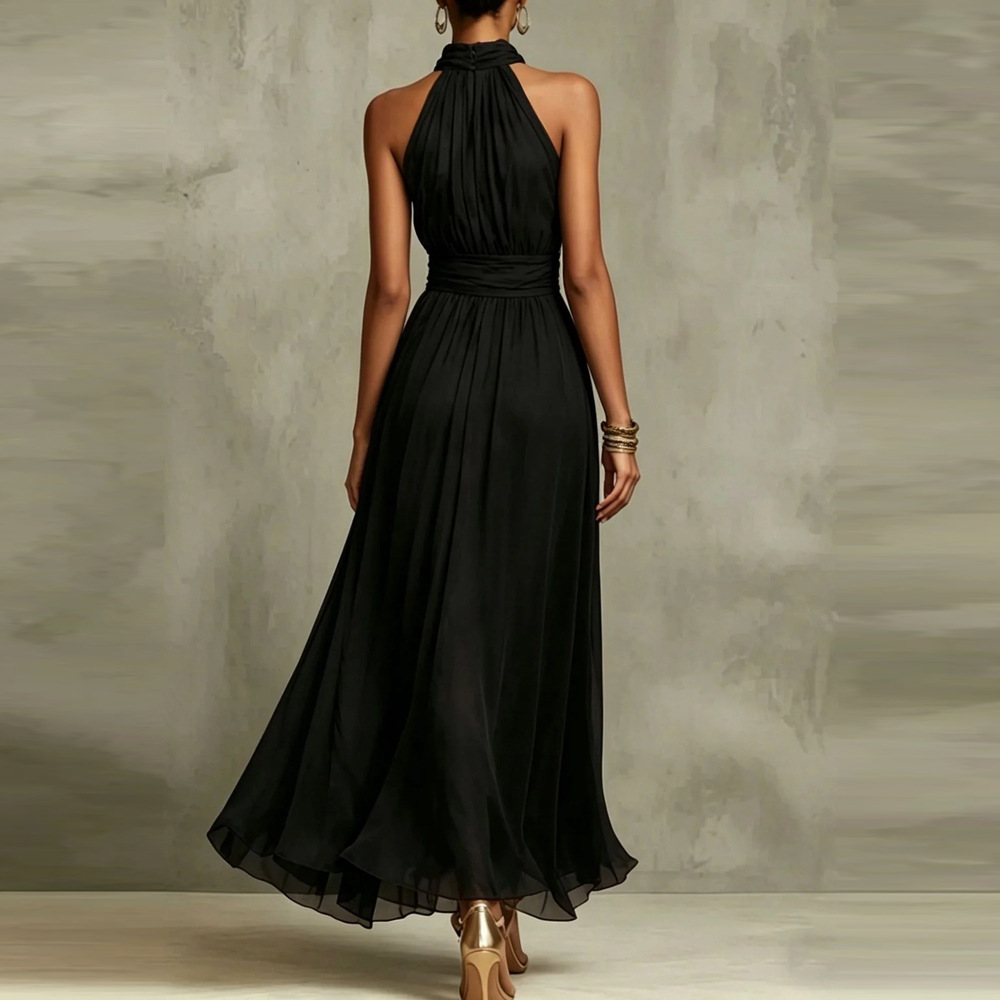Women's Sleeveless Halter Neck Ruched Waist A-Line Long Dress
