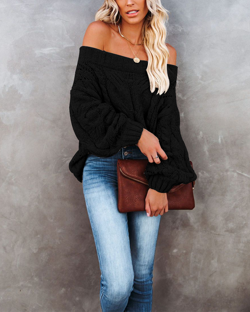 Off-Shoulder Loose Knit Pullover Sweater Solid Color
