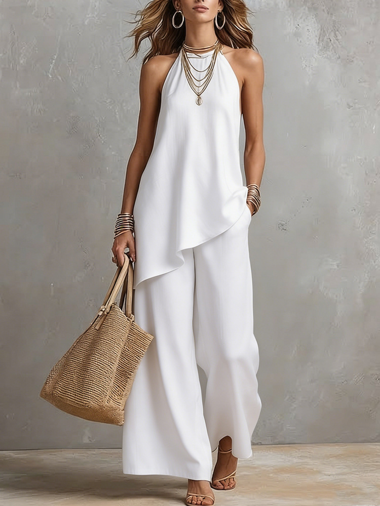 Women's Casual Crewneck Tank Top and Long Pants Solid Color Set