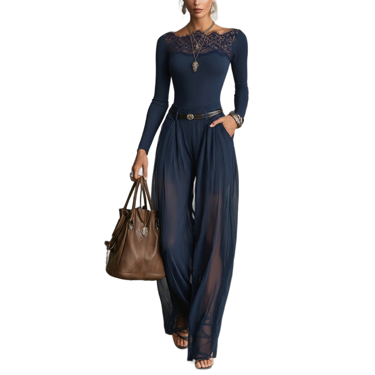 Lace Panel Long Sleeve Top and High Waist Wide Leg Pants Set