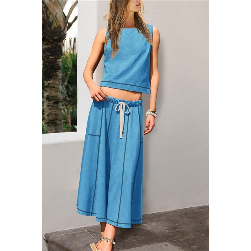 Women's Sleeveless Tank Top and Midi Skirt Two-Piece Set Colorblock