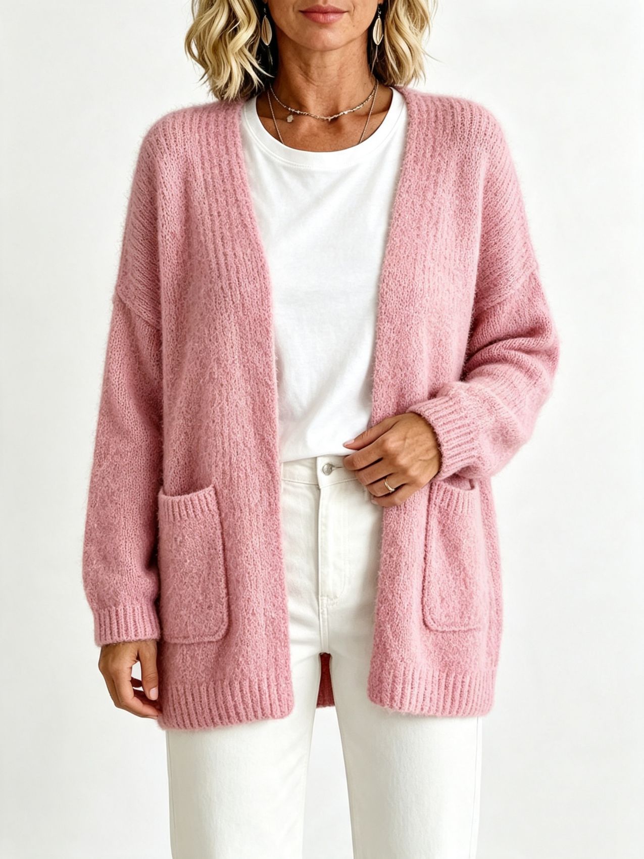 Soft Solid Knit Cardigan with Dual Pockets, Open Front, Long Sleeve
