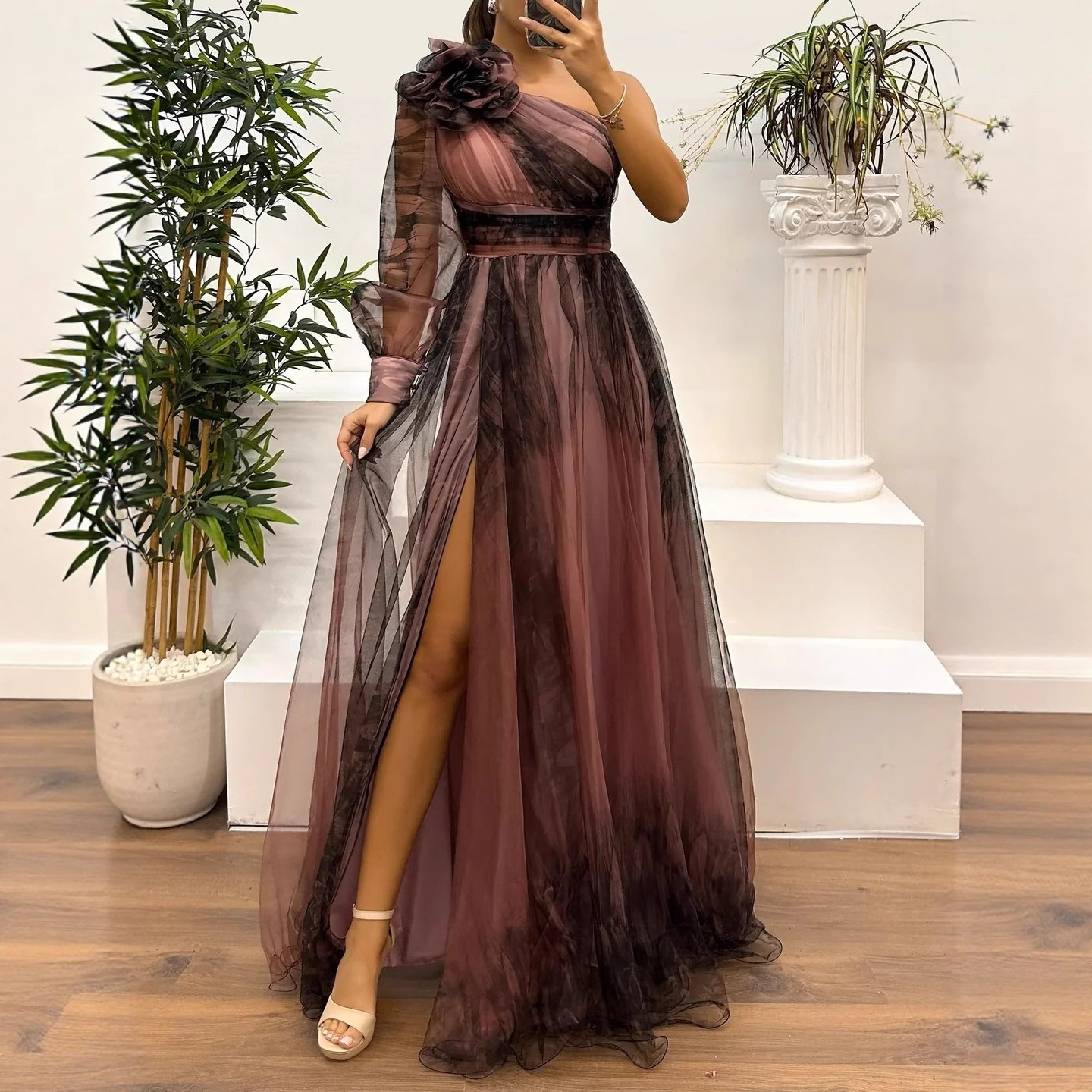One-Shoulder Mesh Printed Maxi Dress