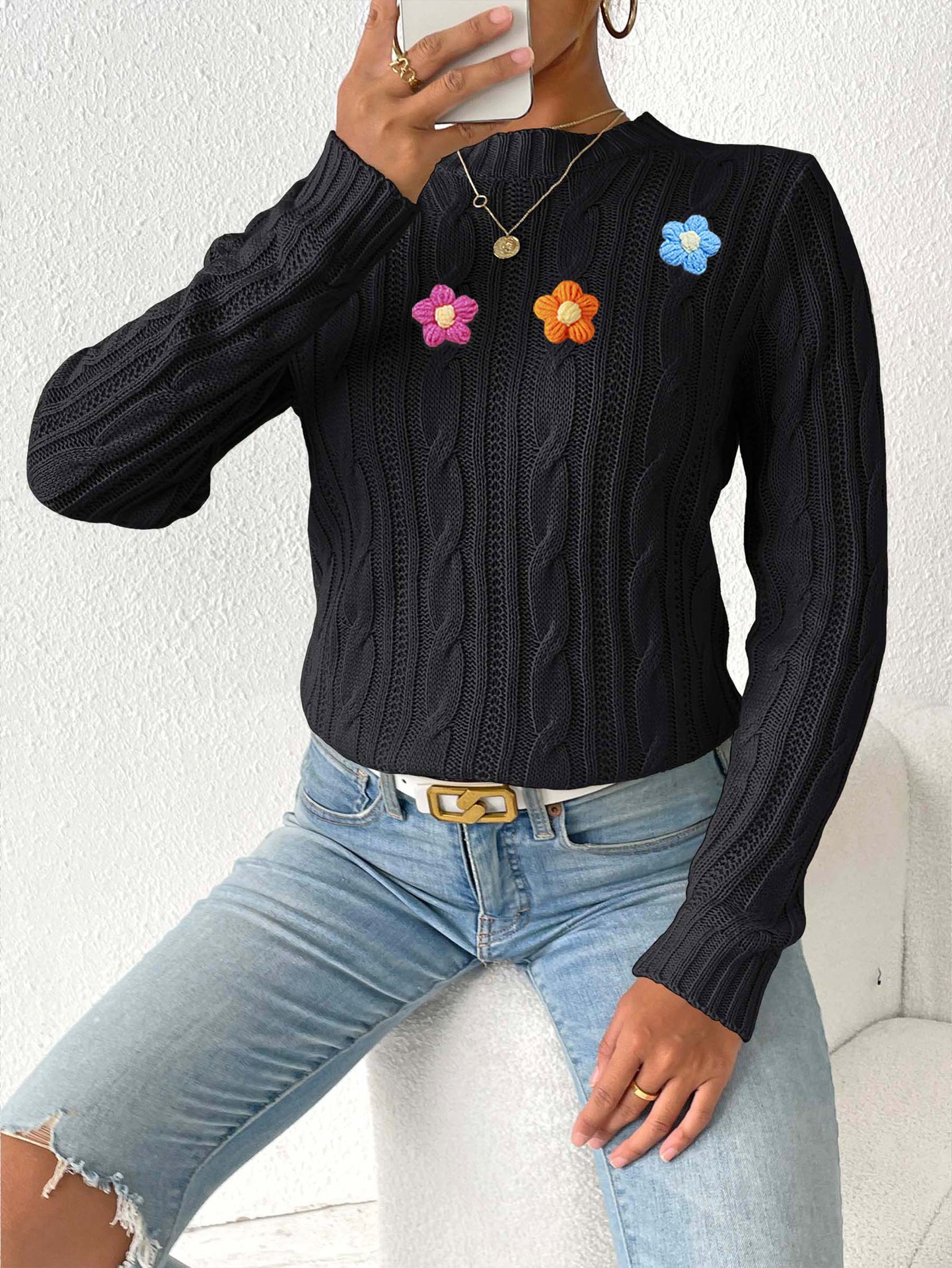 Women's Round Neck Pullover Sweater with Hand-Crochet Floral Appliqué