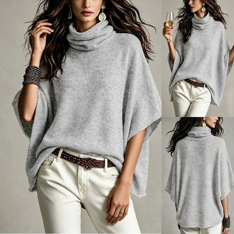 Women's High Neck Loose Knit Poncho Sweater Casual Pullover Top