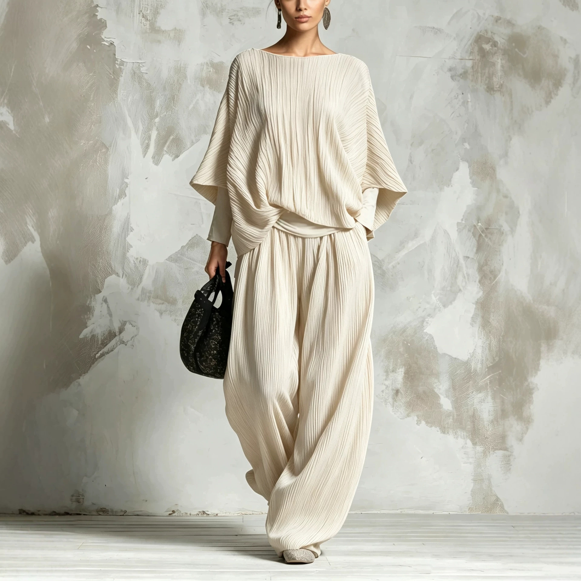 Ruched Batwing Sleeve Top & Wide-Leg Pants Two-Piece Lounge Set