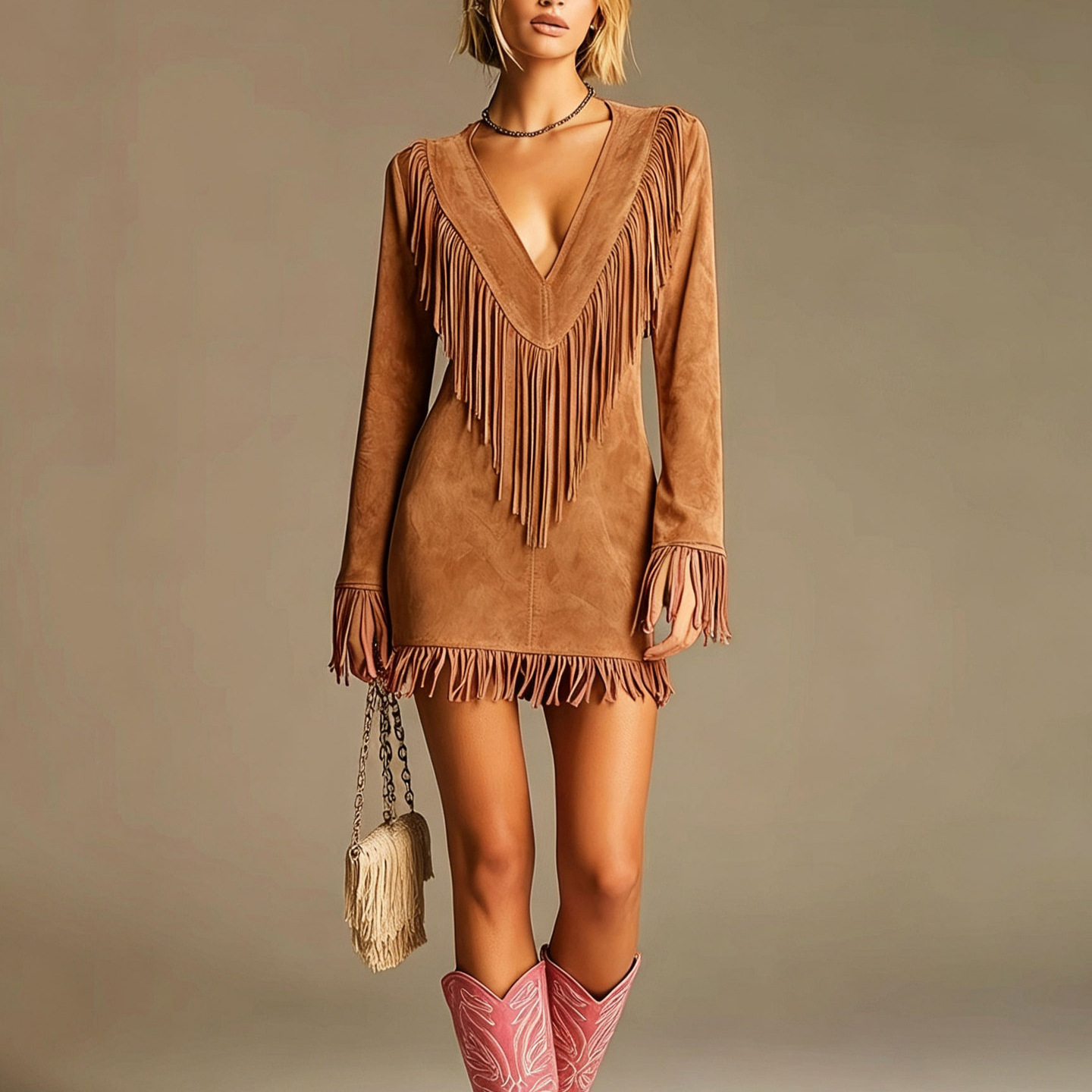 Western Faux Suede Fringe Bodycon Long Sleeve Dress