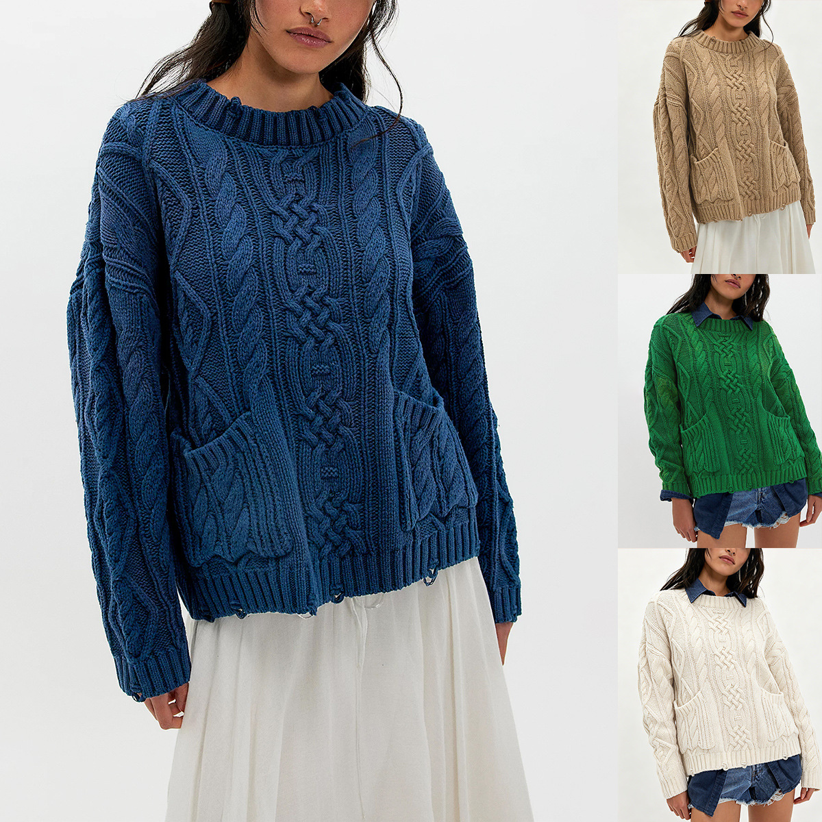 Women's Crewneck Cable-Knit Sweater with Pockets