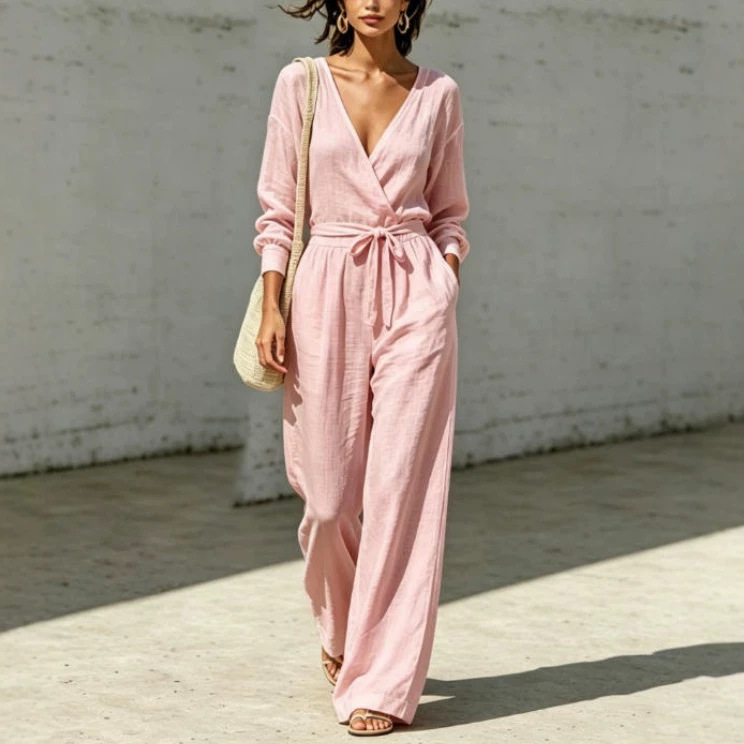 Women's V-Neck Tie-Front Shirt & Pants Set Summer Commuter Casual