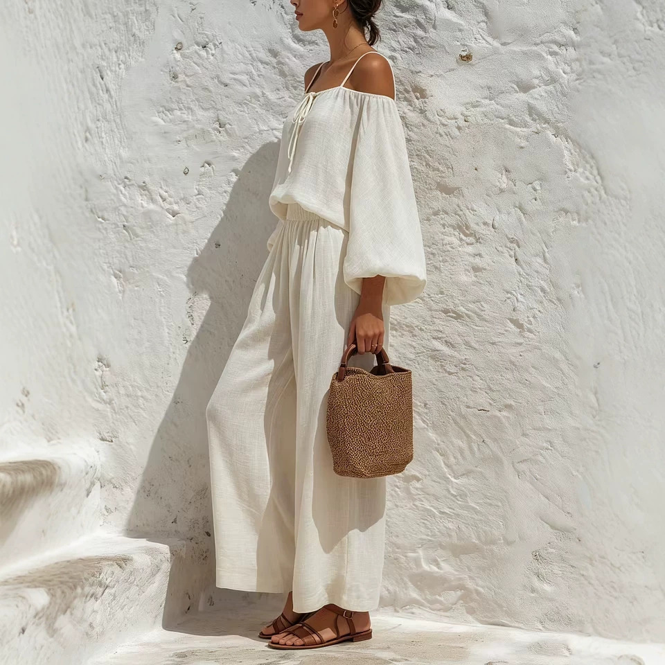 Off-Shoulder Long-Sleeve Top & Wide-Leg Pants Two-Piece Set
