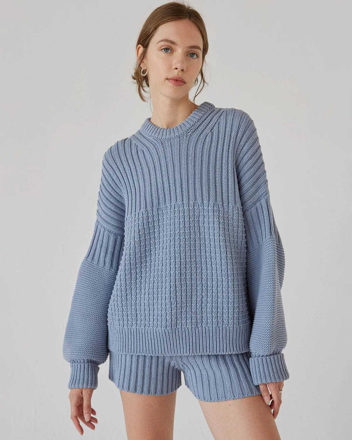 Women's Knit Crewneck Long Sleeve Loose Casual Shorts Two-Piece Set