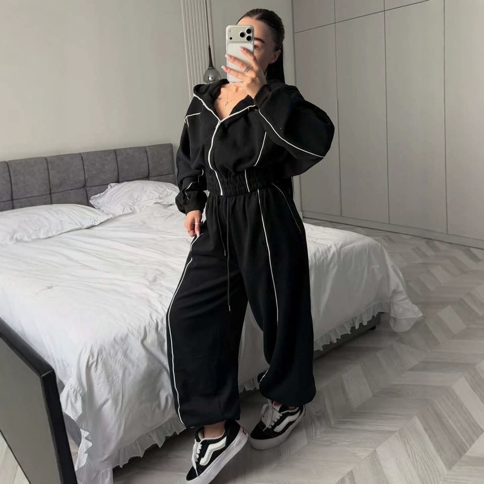 Women's Colorblock Hoodie & Wide-Leg Pants Two-Piece Set