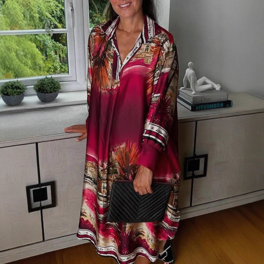 Women's Floral Print V-Neck Long Sleeve Loose Casual Dress