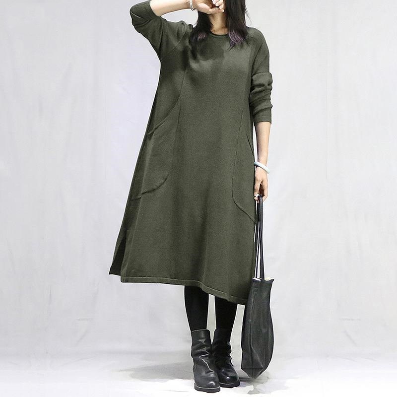 Women's O-Neck Long Sleeve Fleece Sweatshirt Dress Loose Solid Color Pullover