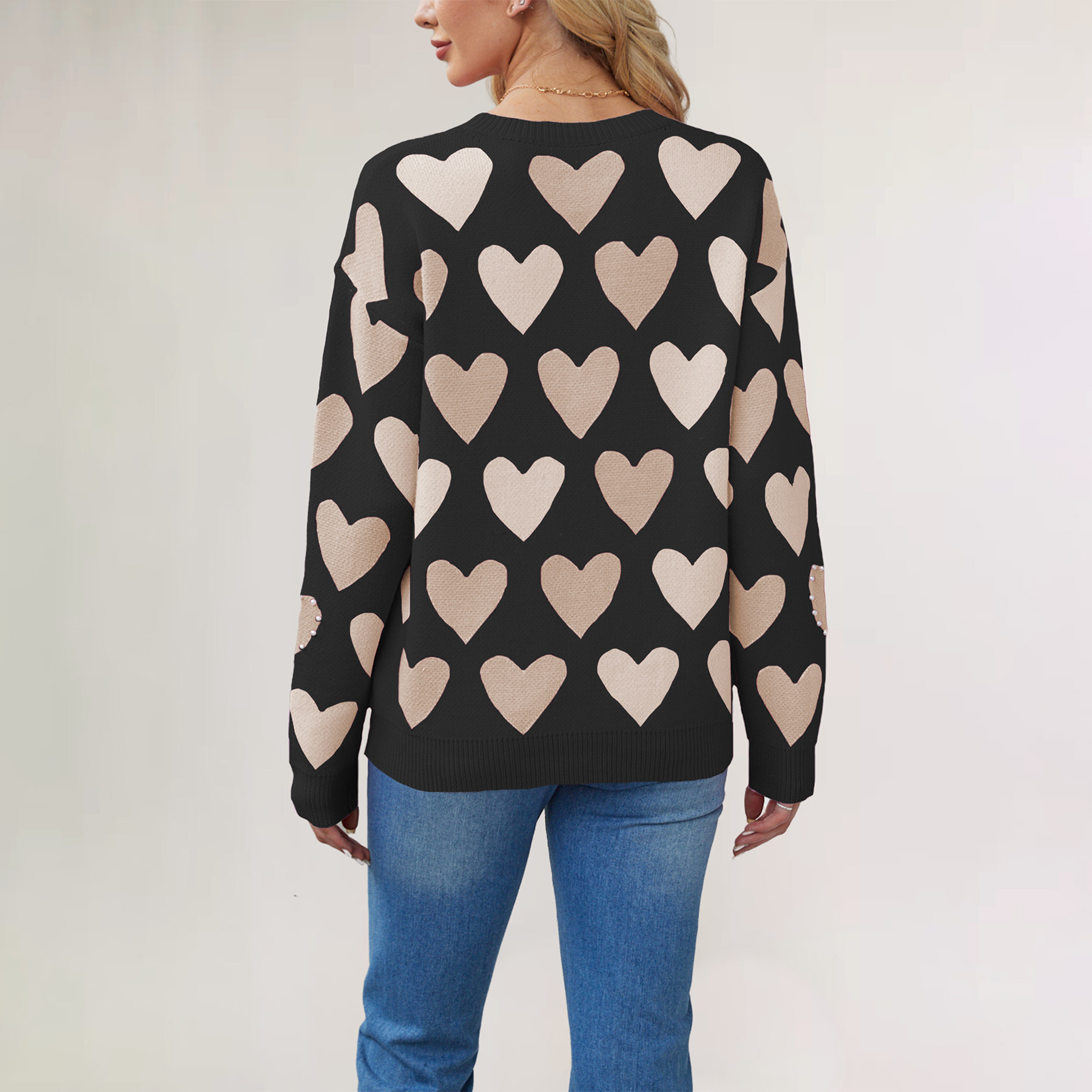 Heart Beaded Crewneck Knit Sweater