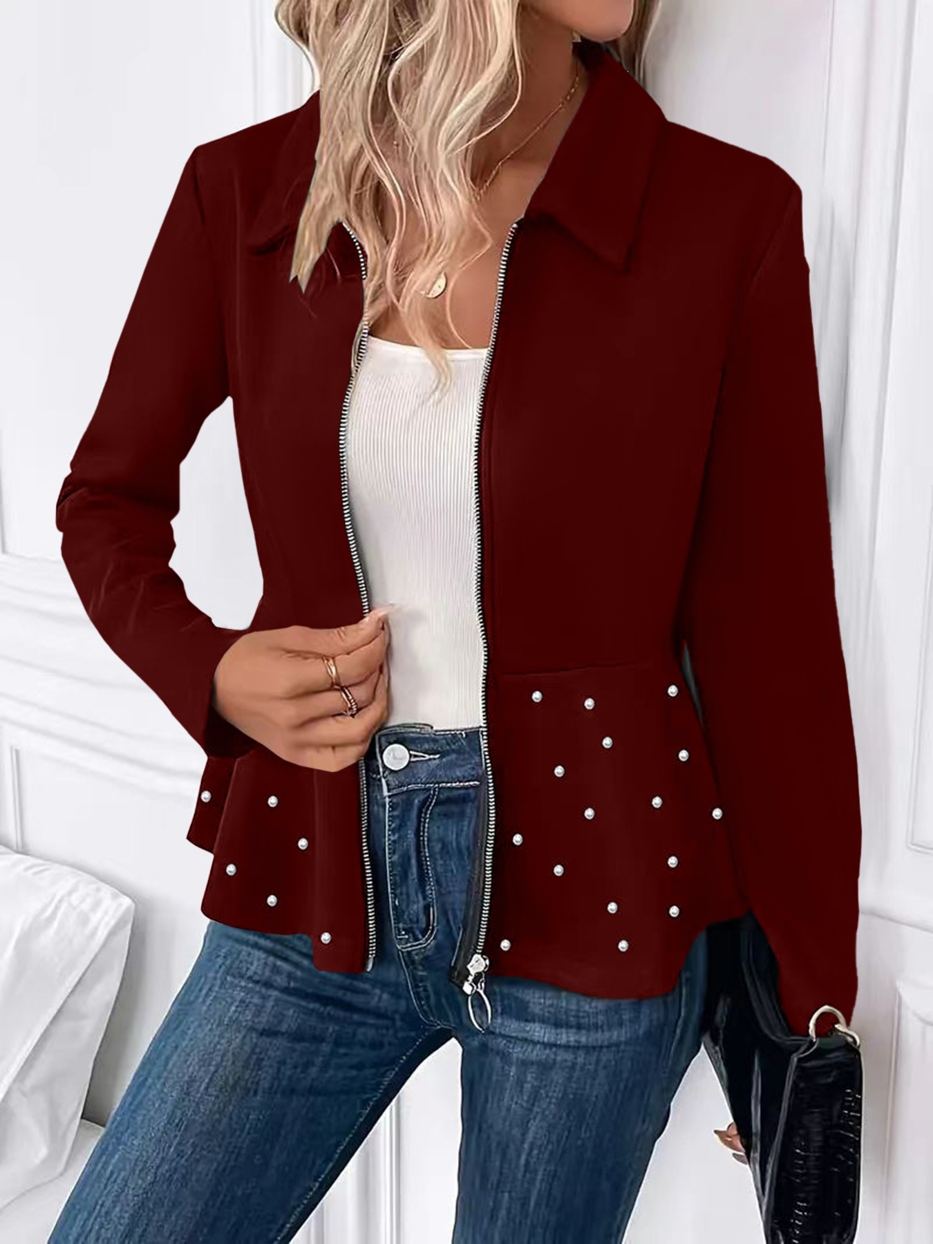 Riveted Lapel Short Blazer with Rhinestone Hem and Zip Waist