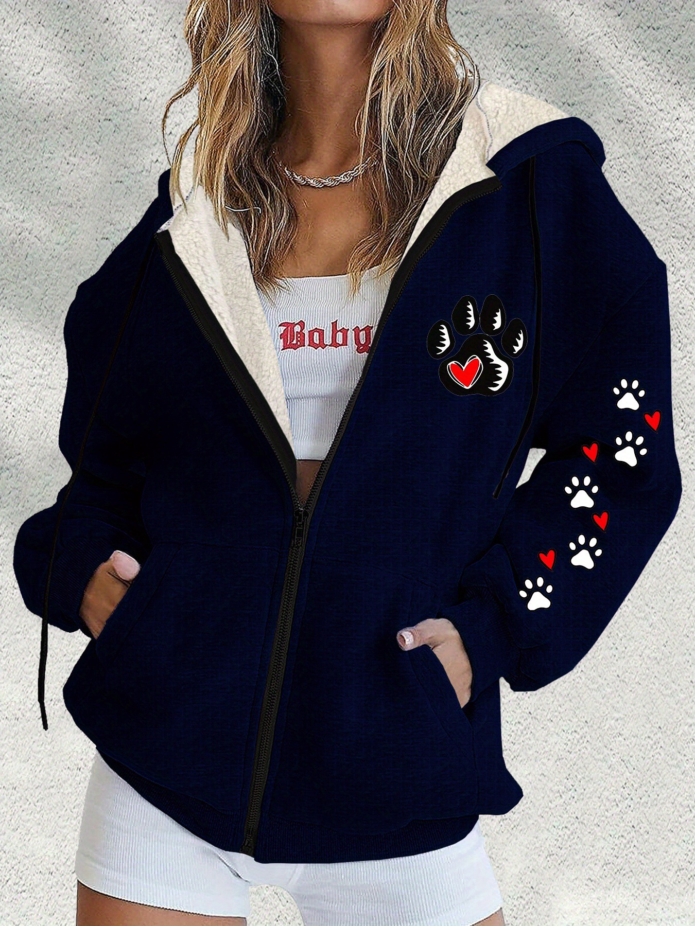 Women's Paw Print Heart Zip-Up Hoodie Long Sleeve Crew Neck