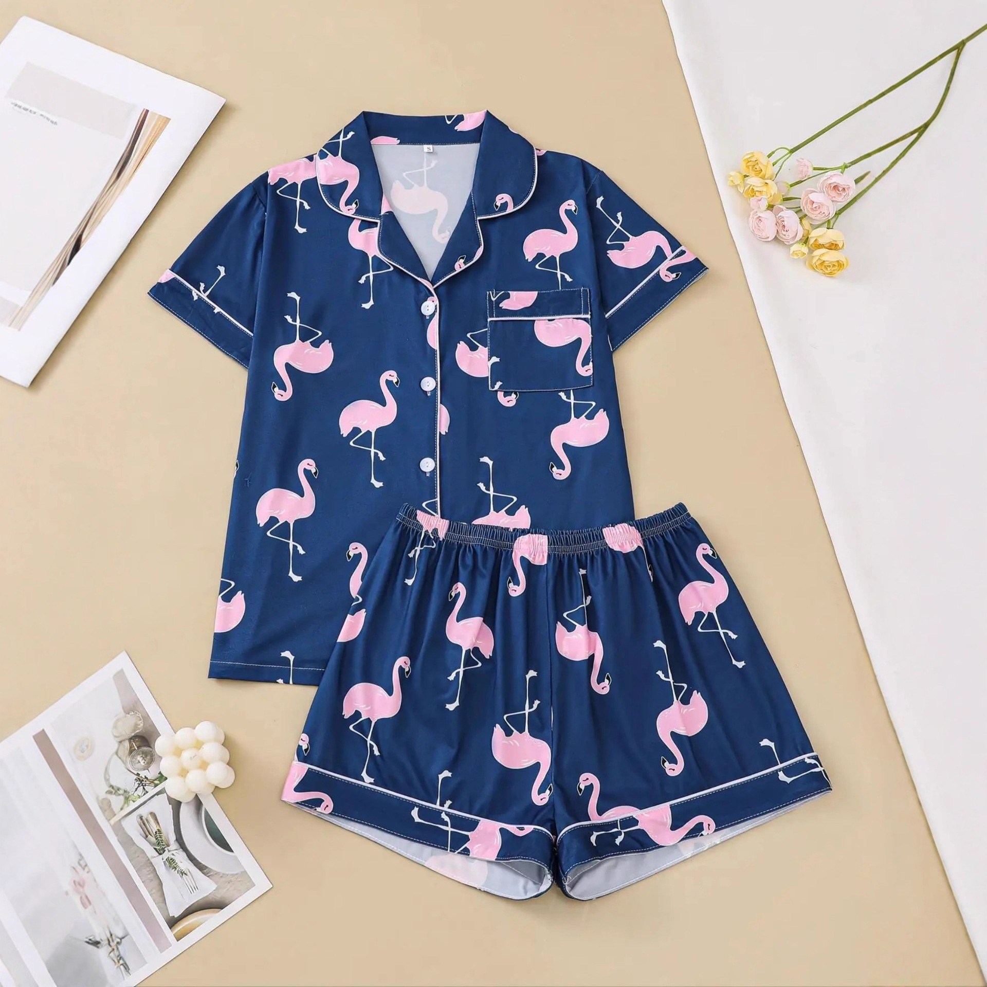 Women's Flamingo Print Collared Shirt Set Casual Loungewear