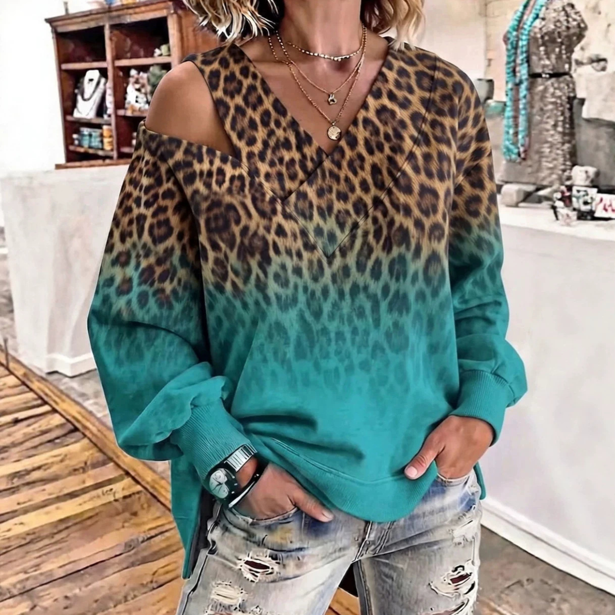 Leopard Print Off-Shoulder V-Neck Long-Sleeve Loose Top