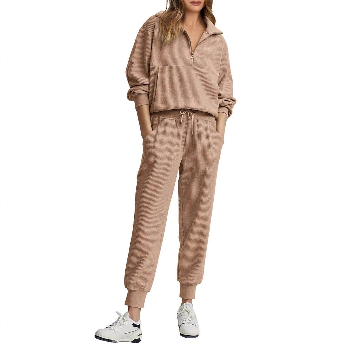 Women's Half-Zip Long Sleeve Top and Pants Casual Set